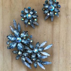 BEAU JEWELS Signed Blue Aurora Borealis Brooch & Earrings Set